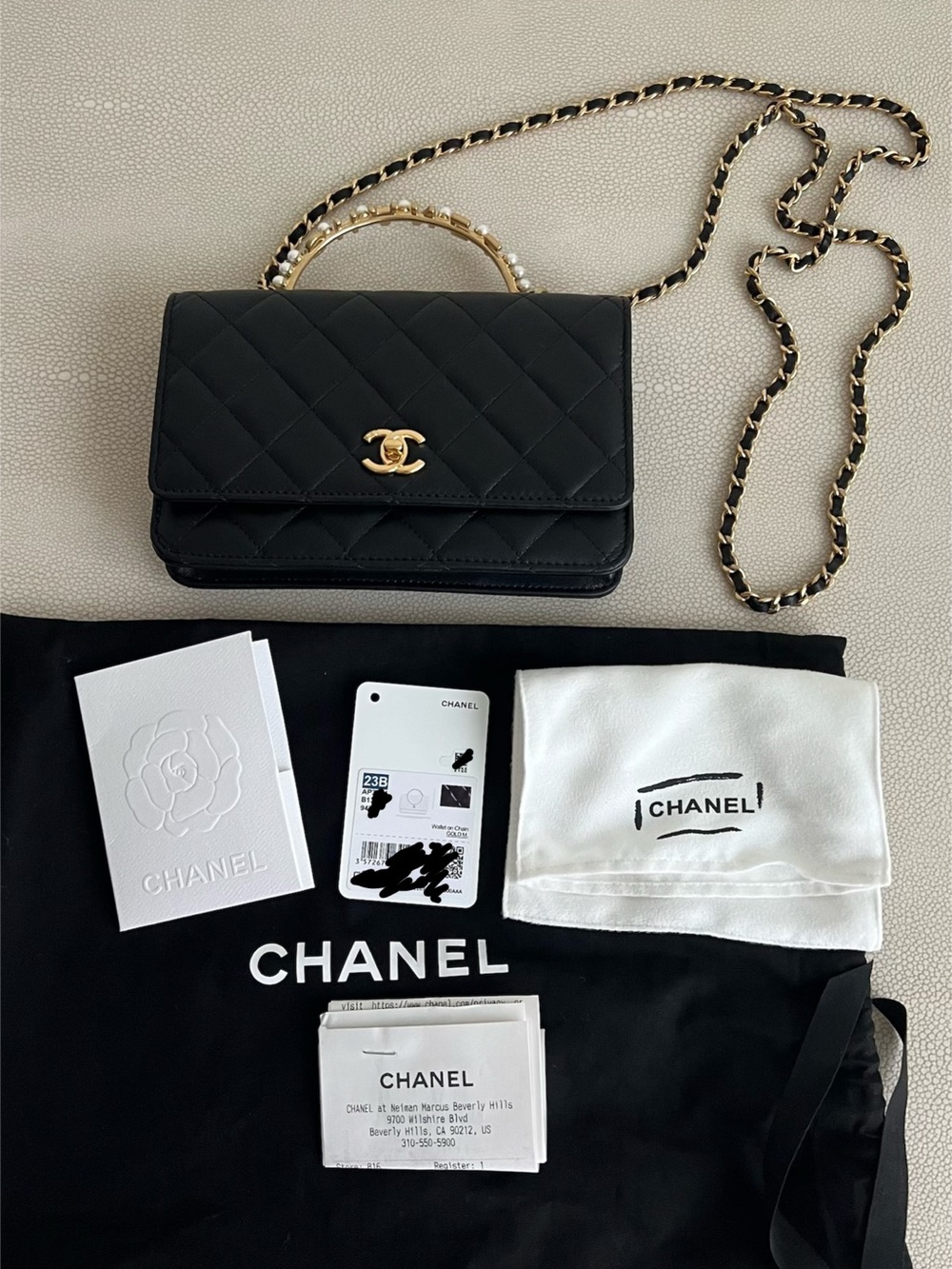 CHANEL mini bag Lambskin Top Handle with pearls Crossbody with Gold Chain